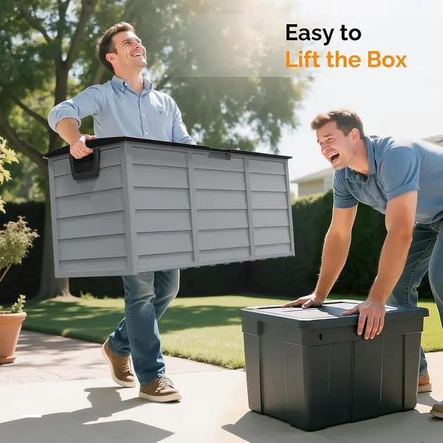 Alt view image 3 of 7 - 75 Gallon Weatherproof Outdoor Storage Box, Grey Body, Black Lib | Lockable Deck Box with Wheels, Weatherproof Outdoor Storage Box for Deck, Patio, Porch, Backyard and Garage