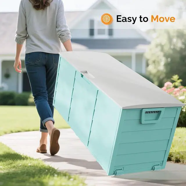 Alt view image 2 of 7 - 75 Gallon Weatherproof Outdoor Storage Box, Green Body, White Lib | Lockable Deck Box with Wheels, Weatherproof Outdoor Storage Box for Deck, Patio, Porch, Backyard and Garage