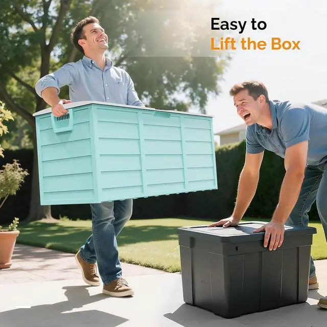 Alt view image 3 of 7 - 75 Gallon Weatherproof Outdoor Storage Box, Green Body, White Lib | Lockable Deck Box with Wheels, Weatherproof Outdoor Storage Box for Deck, Patio, Porch, Backyard and Garage
