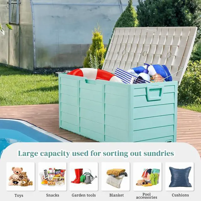 Alt view image 4 of 7 - 75 Gallon Weatherproof Outdoor Storage Box, Green Body, White Lib | Lockable Deck Box with Wheels, Weatherproof Outdoor Storage Box for Deck, Patio, Porch, Backyard and Garage