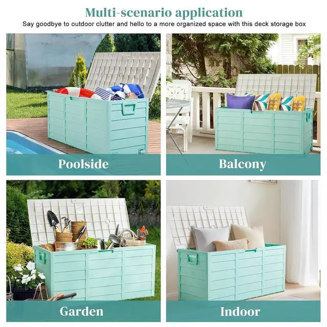 Alt view image 5 of 7 - 75 Gallon Weatherproof Outdoor Storage Box, Green Body, White Lib | Lockable Deck Box with Wheels, Weatherproof Outdoor Storage Box for Deck, Patio, Porch, Backyard and Garage