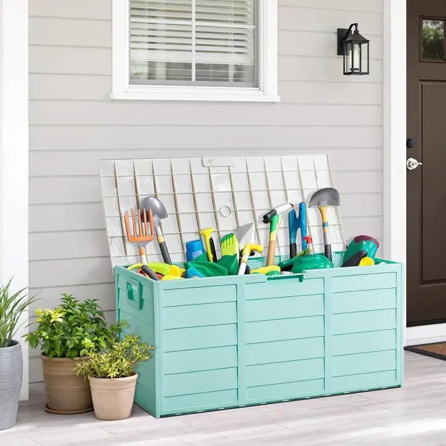Alt view image 6 of 7 - 75 Gallon Weatherproof Outdoor Storage Box, Green Body, White Lib | Lockable Deck Box with Wheels, Weatherproof Outdoor Storage Box for Deck, Patio, Porch, Backyard and Garage