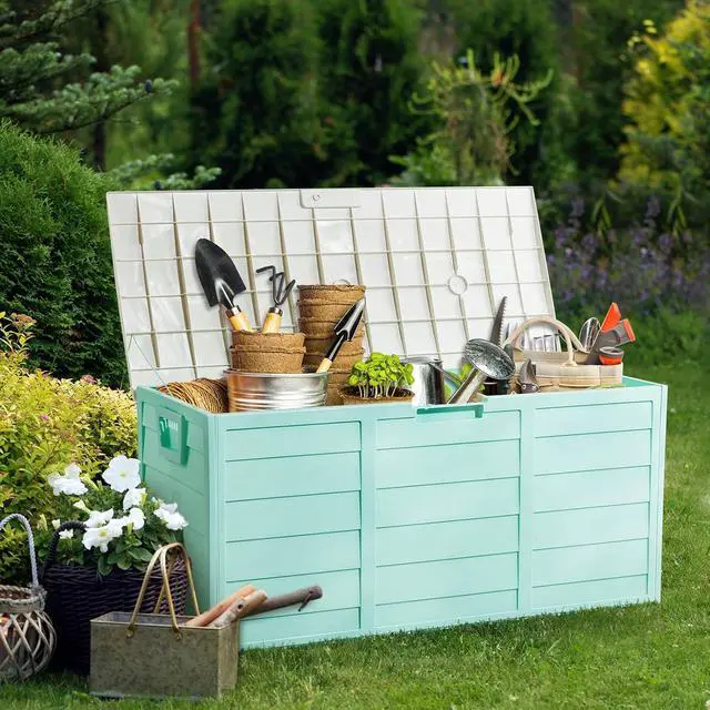 Alt view image 7 of 7 - 75 Gallon Weatherproof Outdoor Storage Box, Green Body, White Lib | Lockable Deck Box with Wheels, Weatherproof Outdoor Storage Box for Deck, Patio, Porch, Backyard and Garage