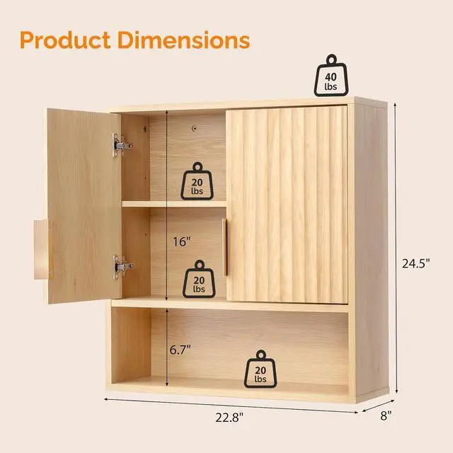 Alt view image 2 of 7 - Bathroom Wall Cabinet with Fluted Doors, Natural Oak Wall Mounted Medicine Cabinet with Adjustable Shelf, Over The Toilet Storage Cabinet for Bathroom, Kitchen & Laundry Room