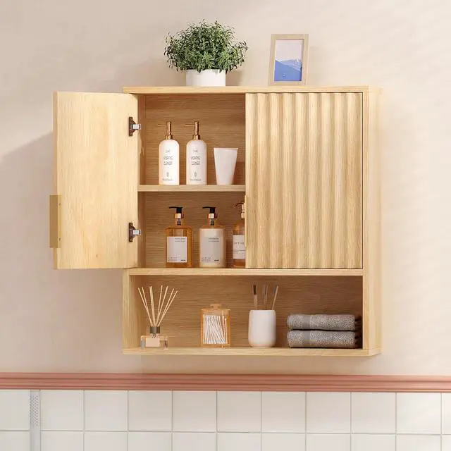 Alt view image 3 of 7 - Bathroom Wall Cabinet with Fluted Doors, Natural Oak Wall Mounted Medicine Cabinet with Adjustable Shelf, Over The Toilet Storage Cabinet for Bathroom, Kitchen & Laundry Room