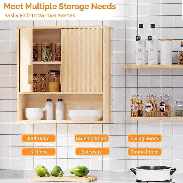 Alt view image 4 of 7 - Bathroom Wall Cabinet with Fluted Doors, Natural Oak Wall Mounted Medicine Cabinet with Adjustable Shelf, Over The Toilet Storage Cabinet for Bathroom, Kitchen & Laundry Room