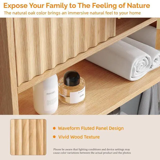 Alt view image 5 of 7 - Bathroom Wall Cabinet with Fluted Doors, Natural Oak Wall Mounted Medicine Cabinet with Adjustable Shelf, Over The Toilet Storage Cabinet for Bathroom, Kitchen & Laundry Room