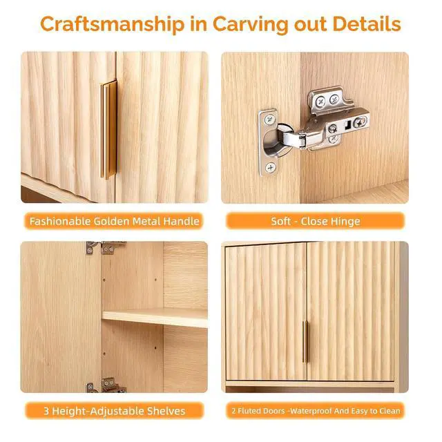 Alt view image 6 of 7 - Bathroom Wall Cabinet with Fluted Doors, Natural Oak Wall Mounted Medicine Cabinet with Adjustable Shelf, Over The Toilet Storage Cabinet for Bathroom, Kitchen & Laundry Room
