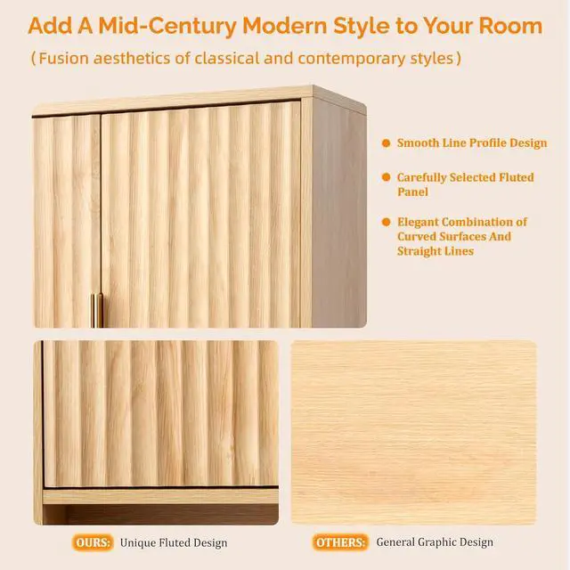 Alt view image 7 of 7 - Bathroom Wall Cabinet with Fluted Doors, Natural Oak Wall Mounted Medicine Cabinet with Adjustable Shelf, Over The Toilet Storage Cabinet for Bathroom, Kitchen & Laundry Room