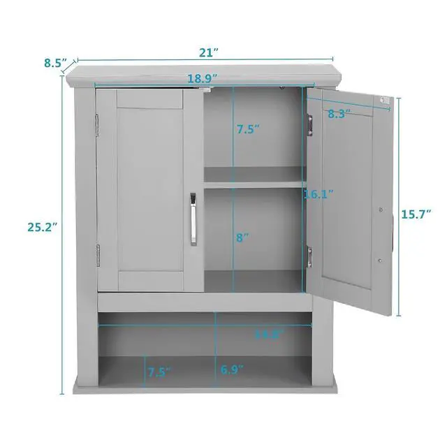 Alt view image 3 of 7 - Medecine Cabinet with 2 Doors Bathrooom Wall Cabinet Grey Over The Toilet Storage Towel Cabinet 1 Adjustable Shelf Wooden Hanging Organizer Bathroom Furniture
