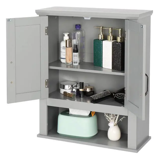Alt view image 4 of 7 - Medecine Cabinet with 2 Doors Bathrooom Wall Cabinet Grey Over The Toilet Storage Towel Cabinet 1 Adjustable Shelf Wooden Hanging Organizer Bathroom Furniture
