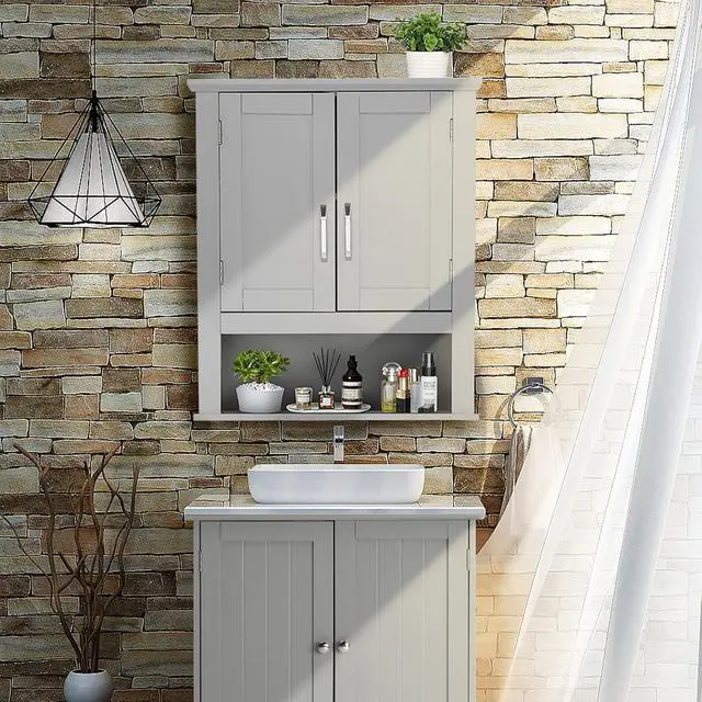 Alt view image 2 of 7 - Medecine Cabinet with 2 Doors Bathrooom Wall Cabinet Grey Over The Toilet Storage Towel Cabinet 1 Adjustable Shelf Wooden Hanging Organizer Bathroom Furniture