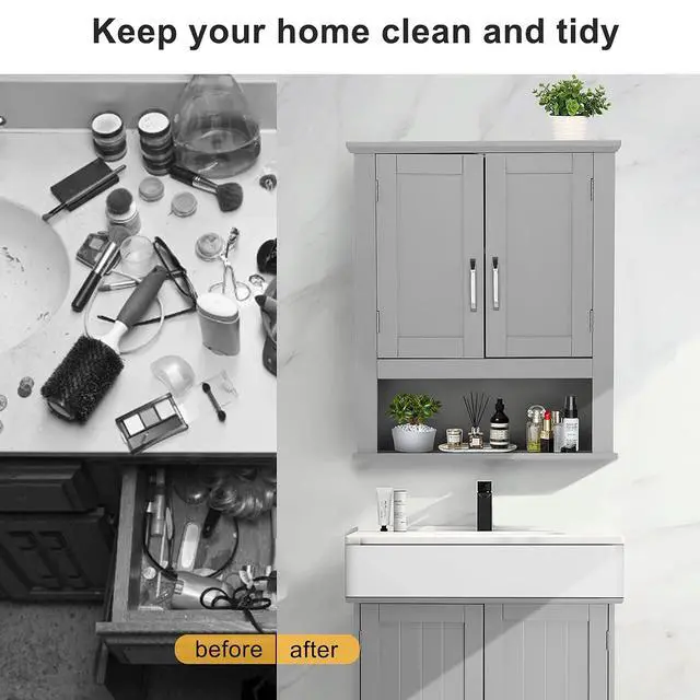 Alt view image 6 of 7 - Medecine Cabinet with 2 Doors Bathrooom Wall Cabinet Grey Over The Toilet Storage Towel Cabinet 1 Adjustable Shelf Wooden Hanging Organizer Bathroom Furniture