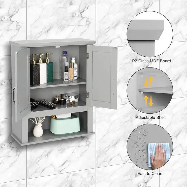 Alt view image 5 of 7 - Medecine Cabinet with 2 Doors Bathrooom Wall Cabinet Grey Over The Toilet Storage Towel Cabinet 1 Adjustable Shelf Wooden Hanging Organizer Bathroom Furniture