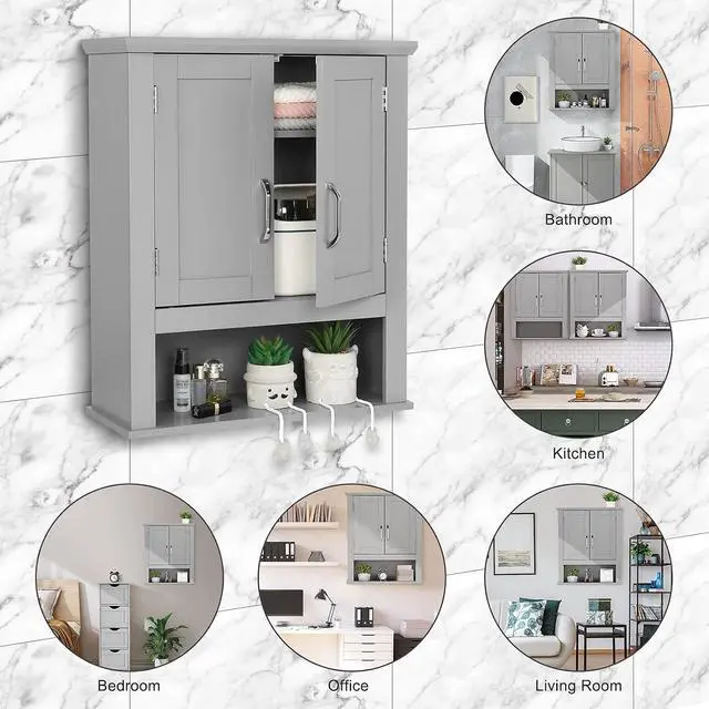 Alt view image 7 of 7 - Medecine Cabinet with 2 Doors Bathrooom Wall Cabinet Grey Over The Toilet Storage Towel Cabinet 1 Adjustable Shelf Wooden Hanging Organizer Bathroom Furniture