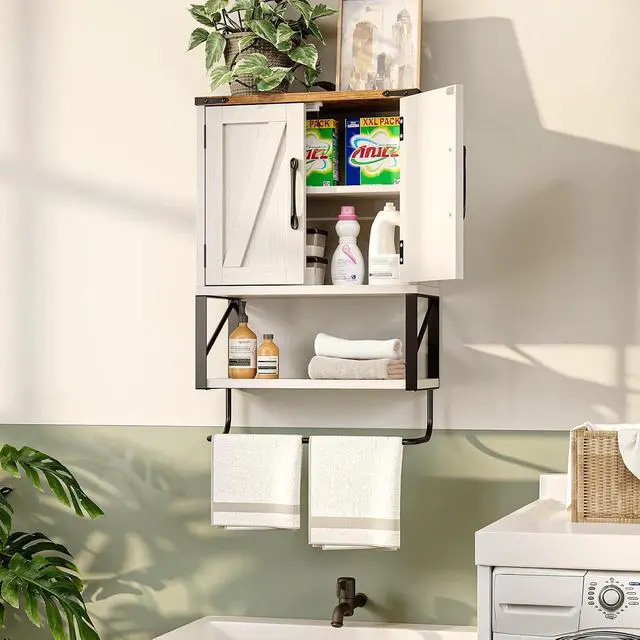 Alt view image 2 of 7 - Bathroom Wall Cabinet with Towel Bar, Farmhouse Small Medicine Cabinet Wall Mounted, Rustic Wood Over The Toilet Storage Cabinet with Adjustable Shelf for Restroom Kitchen, Vintage White/Brown