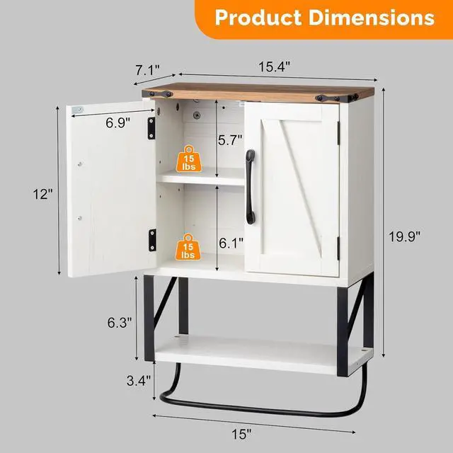Alt view image 3 of 7 - Bathroom Wall Cabinet with Towel Bar, Farmhouse Small Medicine Cabinet Wall Mounted, Rustic Wood Over The Toilet Storage Cabinet with Adjustable Shelf for Restroom Kitchen, Vintage White/Brown