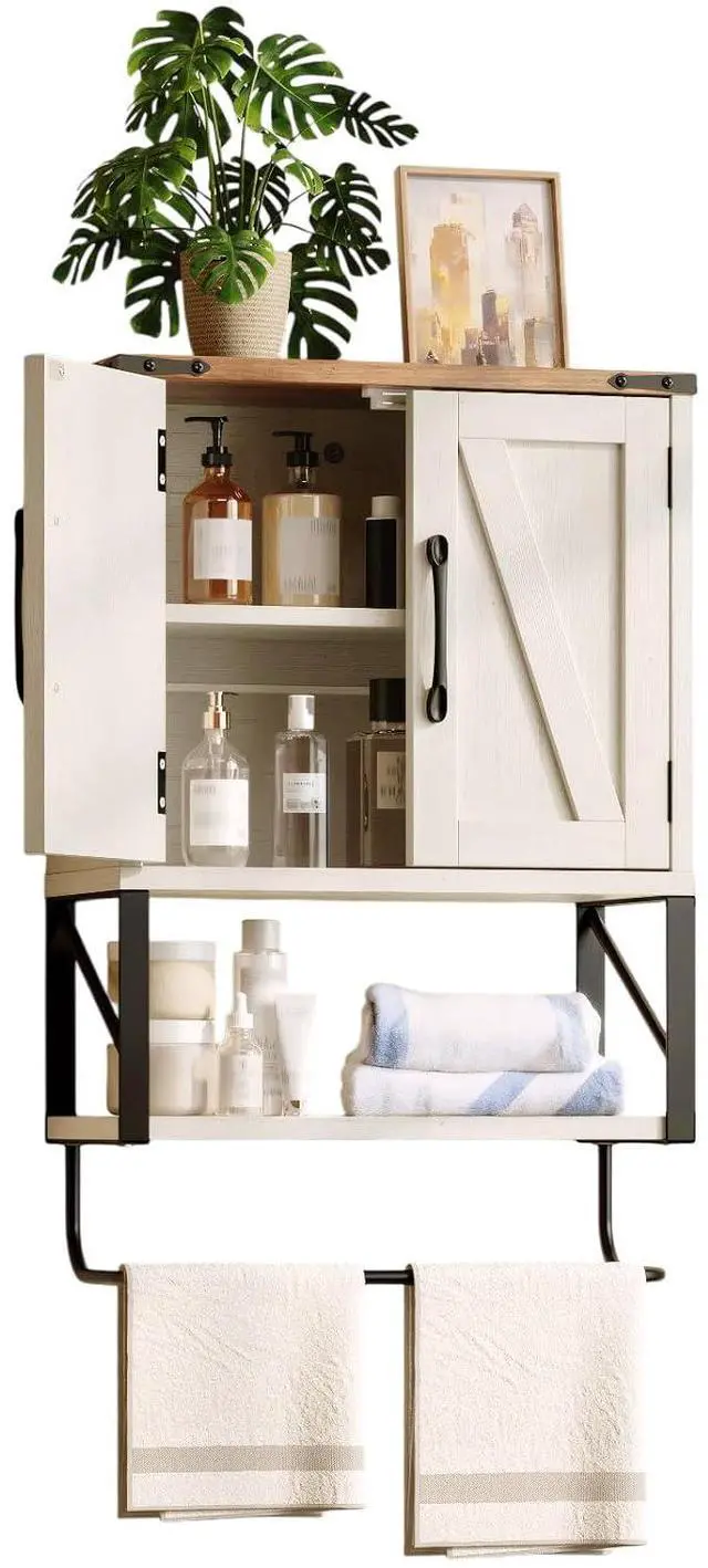 Main image of Bathroom Wall Cabinet with Towel Bar, Farmhouse Small Medicine Cabinet Wall Mounted, Rustic Wood Over The Toilet Storage Cabinet with Adjustable Shelf for Restroom Kitchen, Vintage White/Brown