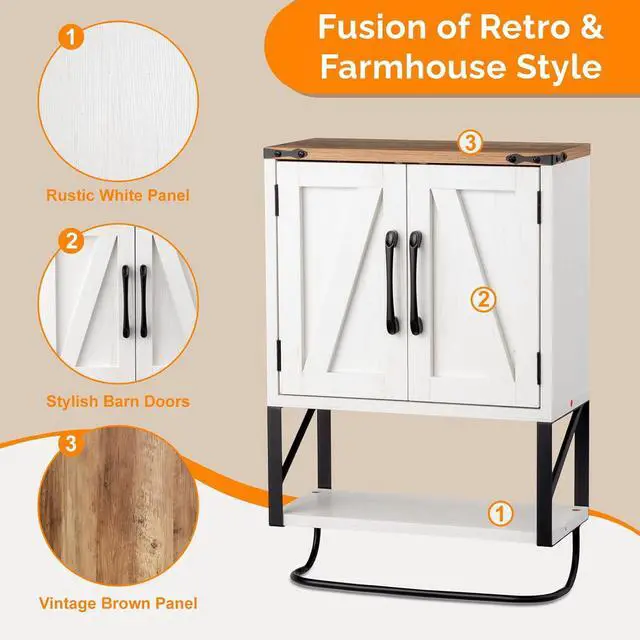 Alt view image 6 of 7 - Bathroom Wall Cabinet with Towel Bar, Farmhouse Small Medicine Cabinet Wall Mounted, Rustic Wood Over The Toilet Storage Cabinet with Adjustable Shelf for Restroom Kitchen, Vintage White/Brown