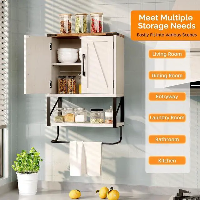 Alt view image 7 of 7 - Bathroom Wall Cabinet with Towel Bar, Farmhouse Small Medicine Cabinet Wall Mounted, Rustic Wood Over The Toilet Storage Cabinet with Adjustable Shelf for Restroom Kitchen, Vintage White/Brown