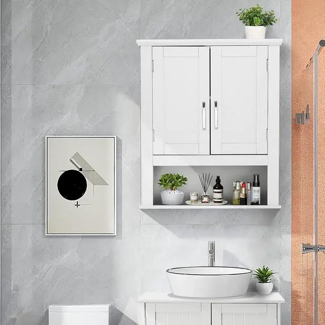 Alt view image 2 of 7 - Bathroom Wall Cabinet 21"x8.5"x25" Modern White Medicine Wall Mount Bathroom Cabinet Organizer Over The Toilet Storage with 2 Doors 1 Adjustable Shelf for Restroom Laundry Room Home Furniture