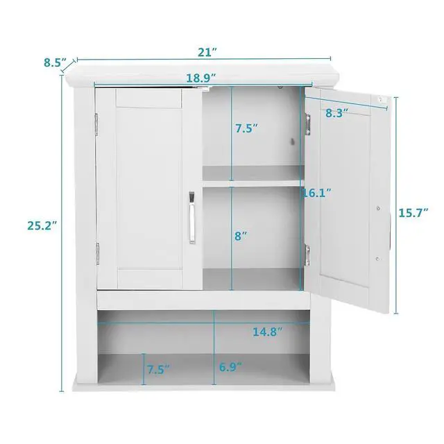 Alt view image 3 of 7 - Bathroom Wall Cabinet 21"x8.5"x25" Modern White Medicine Wall Mount Bathroom Cabinet Organizer Over The Toilet Storage with 2 Doors 1 Adjustable Shelf for Restroom Laundry Room Home Furniture