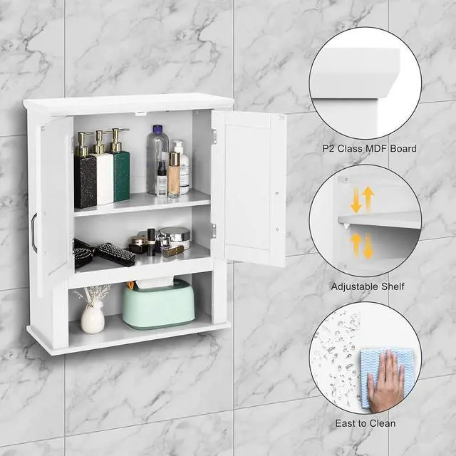 Alt view image 4 of 7 - Bathroom Wall Cabinet 21"x8.5"x25" Modern White Medicine Wall Mount Bathroom Cabinet Organizer Over The Toilet Storage with 2 Doors 1 Adjustable Shelf for Restroom Laundry Room Home Furniture