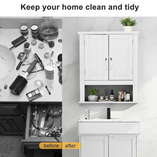 Alt view image 5 of 7 - Bathroom Wall Cabinet 21"x8.5"x25" Modern White Medicine Wall Mount Bathroom Cabinet Organizer Over The Toilet Storage with 2 Doors 1 Adjustable Shelf for Restroom Laundry Room Home Furniture