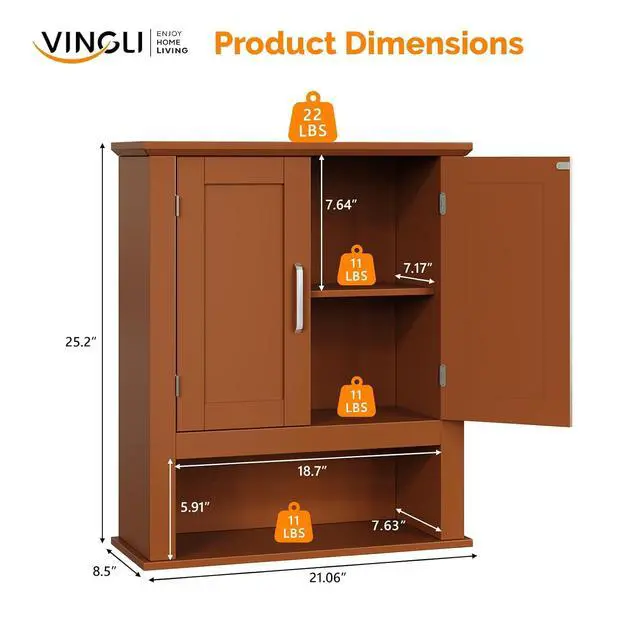 Alt view image 2 of 7 - Bathroom Wall Cabinet, Black Wall Mounted Storage Cabinet for Bathroom Over the Toilet, Medicine Cabinet with 2 Doors and 3-Height Adjustable Shelf & Open Shelf, Painted MDF, Space Saving