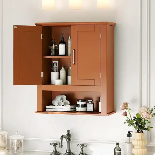 Alt view image 3 of 7 - Bathroom Wall Cabinet, Black Wall Mounted Storage Cabinet for Bathroom Over the Toilet, Medicine Cabinet with 2 Doors and 3-Height Adjustable Shelf & Open Shelf, Painted MDF, Space Saving