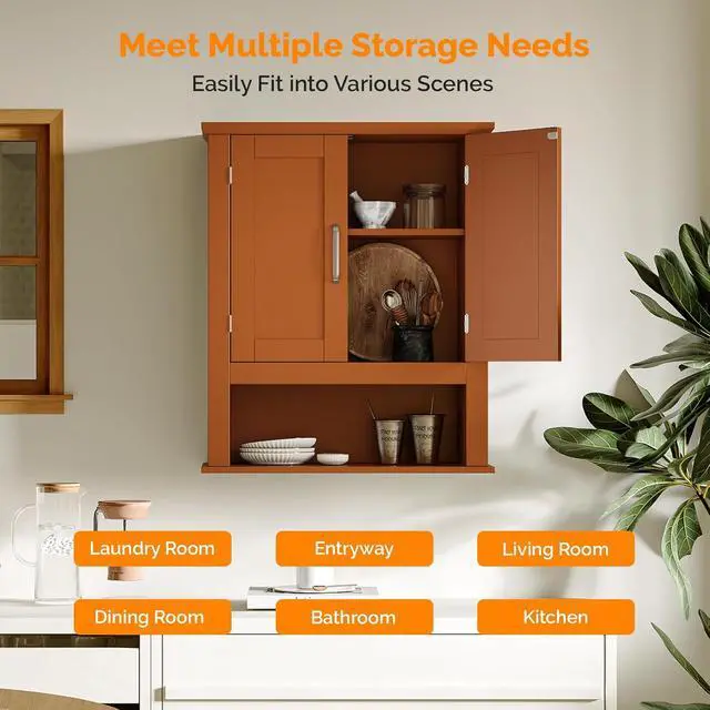 Alt view image 7 of 7 - Bathroom Wall Cabinet, Black Wall Mounted Storage Cabinet for Bathroom Over the Toilet, Medicine Cabinet with 2 Doors and 3-Height Adjustable Shelf & Open Shelf, Painted MDF, Space Saving