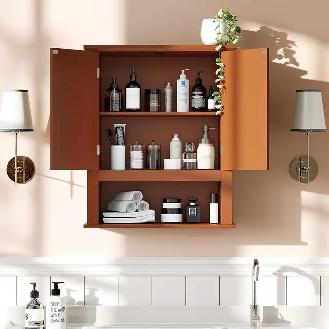 Alt view image 5 of 7 - Bathroom Wall Cabinet, Black Wall Mounted Storage Cabinet for Bathroom Over the Toilet, Medicine Cabinet with 2 Doors and 3-Height Adjustable Shelf & Open Shelf, Painted MDF, Space Saving