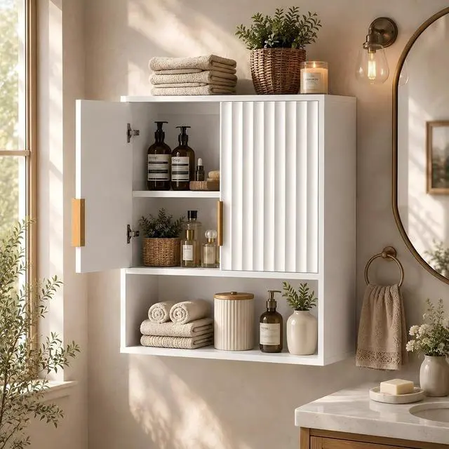 Main image of White Bathroom Wall Cabinet, Modern Fluted Medicine Cabinet with Gold Handles, Wall Mounted Storage Over Toilet with Adjustable Shelf, Soft Close Hanging Organizer for Kitchen, Laundry Room