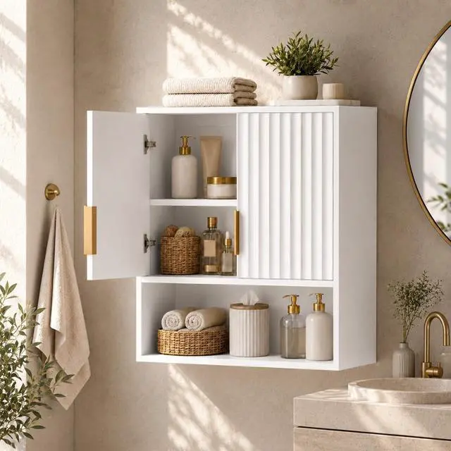 Alt view image 7 of 7 - White Bathroom Wall Cabinet, Modern Fluted Medicine Cabinet with Gold Handles, Wall Mounted Storage Over Toilet with Adjustable Shelf, Soft Close Hanging Organizer for Kitchen, Laundry Room
