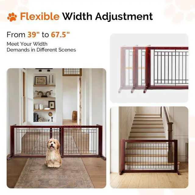 Alt view image 2 of 7 - Bonnlo Free Standing Dog Gate, 39" - 68" Wide Pet Gate for Fireplace Stairs Doorways, Wooden Adjustable Pet Fence Indoor, Christmas Tree Gate (Cherry)