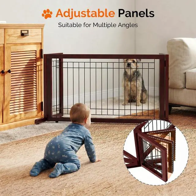Alt view image 3 of 7 - Bonnlo Free Standing Dog Gate, 39" - 68" Wide Pet Gate for Fireplace Stairs Doorways, Wooden Adjustable Pet Fence Indoor, Christmas Tree Gate (Cherry)