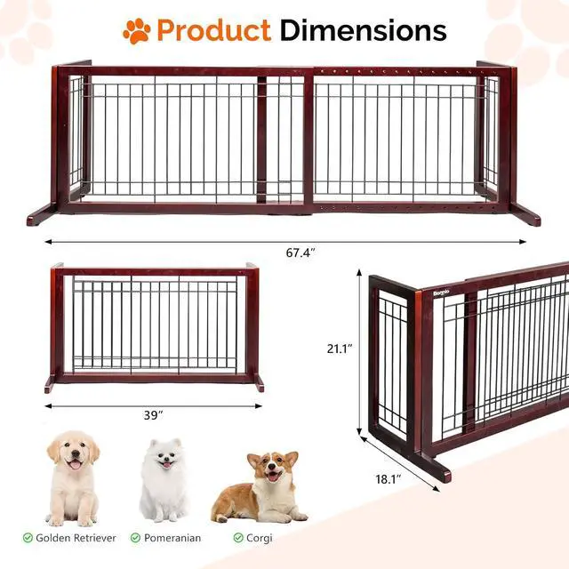 Alt view image 5 of 7 - Bonnlo Free Standing Dog Gate, 39" - 68" Wide Pet Gate for Fireplace Stairs Doorways, Wooden Adjustable Pet Fence Indoor, Christmas Tree Gate (Cherry)