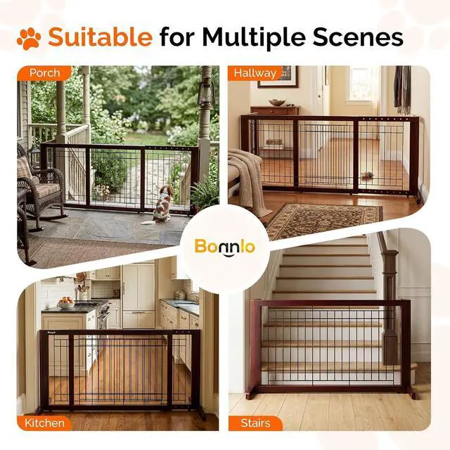 Alt view image 4 of 7 - Bonnlo Free Standing Dog Gate, 39" - 68" Wide Pet Gate for Fireplace Stairs Doorways, Wooden Adjustable Pet Fence Indoor, Christmas Tree Gate (Cherry)