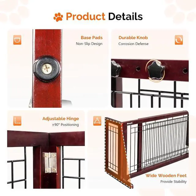 Alt view image 6 of 7 - Bonnlo Free Standing Dog Gate, 39" - 68" Wide Pet Gate for Fireplace Stairs Doorways, Wooden Adjustable Pet Fence Indoor, Christmas Tree Gate (Cherry)