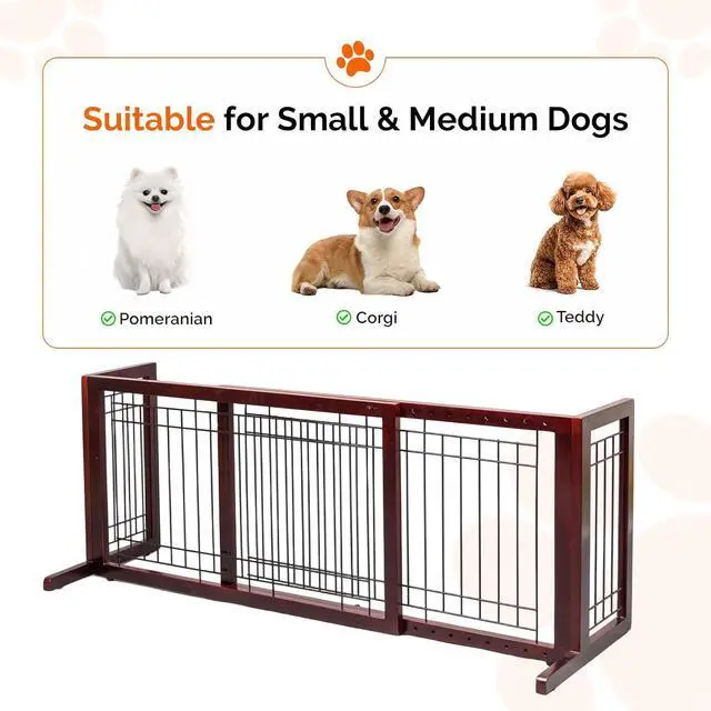 Alt view image 7 of 7 - Bonnlo Free Standing Dog Gate, 39" - 68" Wide Pet Gate for Fireplace Stairs Doorways, Wooden Adjustable Pet Fence Indoor, Christmas Tree Gate (Cherry)