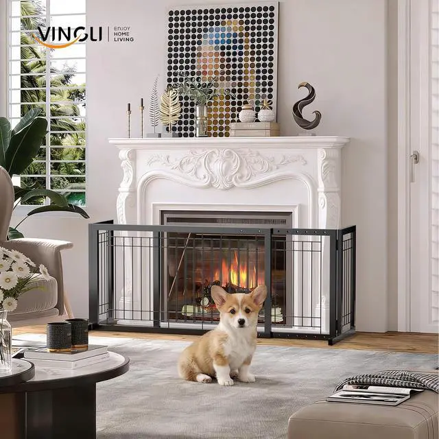 Alt view image 2 of 7 - Bonnlo Free Standing Dog Gate, 39" - 68" Wide Pet Gate for Fireplace Stairs Doorways, Metal Adjustable Pet Fence Indoor, Christmas Tree Gate (Metal-Black)