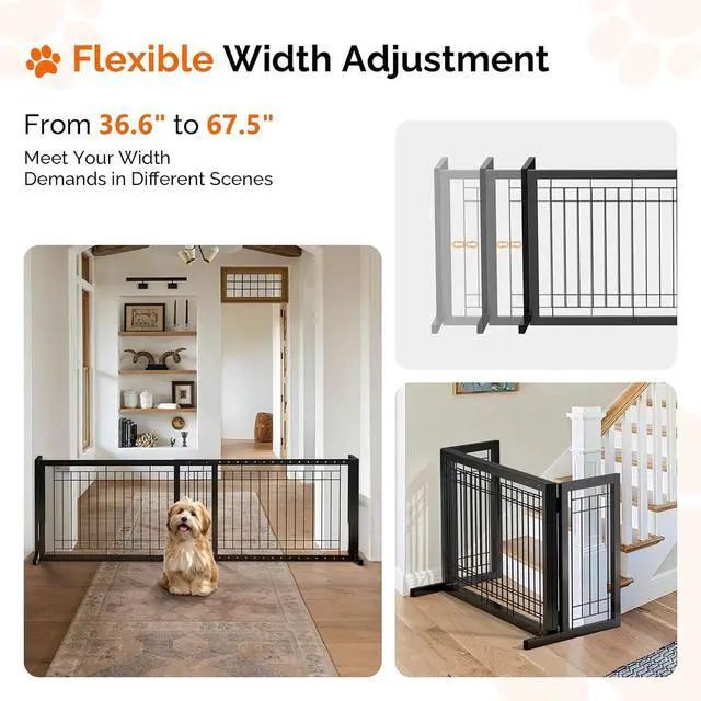 Alt view image 3 of 7 - Bonnlo Free Standing Dog Gate, 39" - 68" Wide Pet Gate for Fireplace Stairs Doorways, Metal Adjustable Pet Fence Indoor, Christmas Tree Gate (Metal-Black)