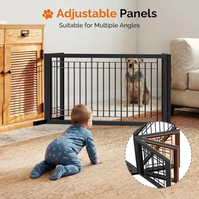 Alt view image 4 of 7 - Bonnlo Free Standing Dog Gate, 39" - 68" Wide Pet Gate for Fireplace Stairs Doorways, Metal Adjustable Pet Fence Indoor, Christmas Tree Gate (Metal-Black)