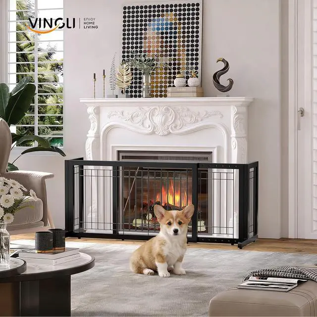 Alt view image 2 of 7 - Bonnlo Free Standing Dog Gate, 37" - 68" Wide Pet Gate for Fireplace Stairs Doorways, Wooden Adjustable Pet Fence Indoor, Christmas Tree Gate (Black)