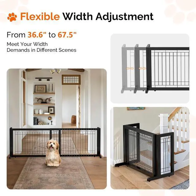 Alt view image 3 of 7 - Bonnlo Free Standing Dog Gate, 37" - 68" Wide Pet Gate for Fireplace Stairs Doorways, Wooden Adjustable Pet Fence Indoor, Christmas Tree Gate (Black)