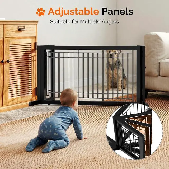 Alt view image 4 of 7 - Bonnlo Free Standing Dog Gate, 37" - 68" Wide Pet Gate for Fireplace Stairs Doorways, Wooden Adjustable Pet Fence Indoor, Christmas Tree Gate (Black)