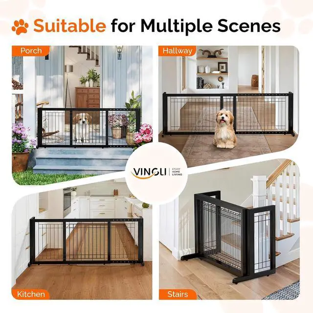 Alt view image 6 of 7 - Bonnlo Free Standing Dog Gate, 37" - 68" Wide Pet Gate for Fireplace Stairs Doorways, Wooden Adjustable Pet Fence Indoor, Christmas Tree Gate (Black)
