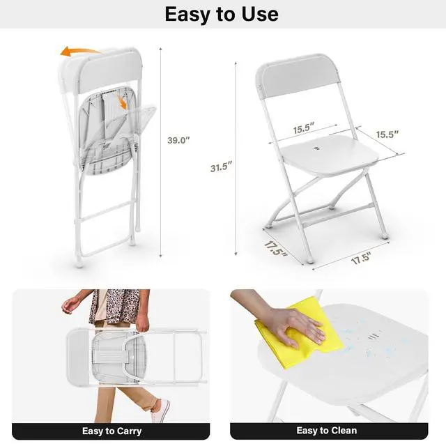 Alt view image 3 of 7 - White Plastic Folding Chairs, Set of 1, Heavy-Duty Commercial Seats with Steel Frame, 350 lb Capacity, for Indoor & Outdoor Events, Office, Wedding, Party & Dining (1, White, S)