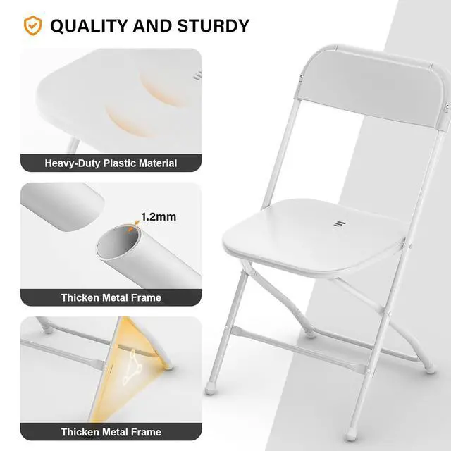 Alt view image 4 of 7 - White Plastic Folding Chairs, Set of 1, Heavy-Duty Commercial Seats with Steel Frame, 350 lb Capacity, for Indoor & Outdoor Events, Office, Wedding, Party & Dining (1, White, S)
