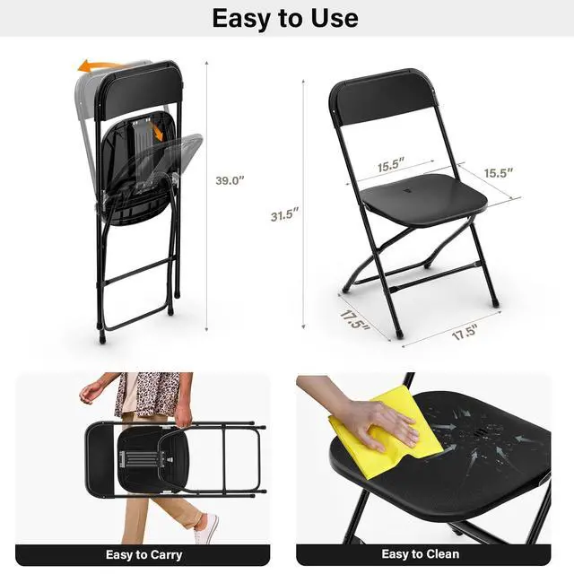 Alt view image 3 of 7 - Black Plastic Folding Chairs, Set of 2, Heavy-Duty Commercial Seats with Steel Frame, 350 lb Capacity, for Indoor & Outdoor Events, Office, Wedding, Party & Dining (2, Black, S)